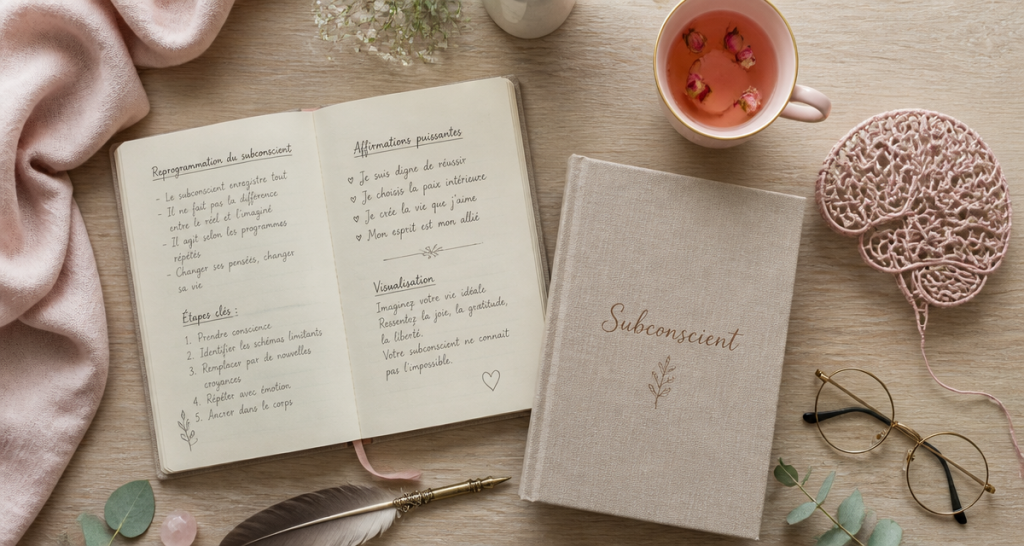 le subconscient carnet bureau flat lay