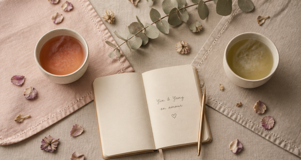 Le yin et le yang en amour, deux tasses de thé et carnet zen
