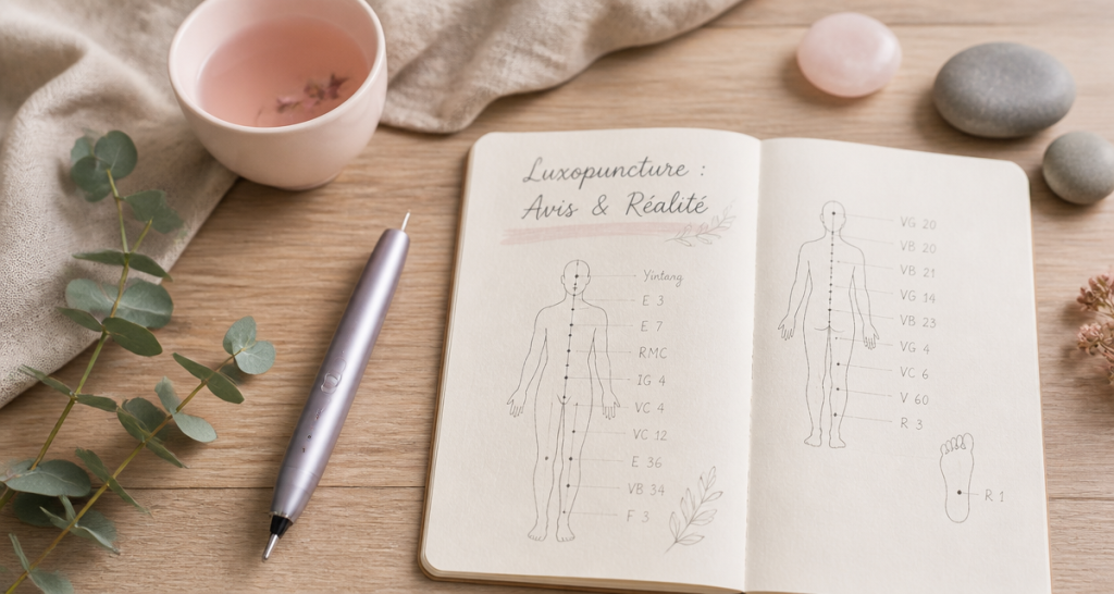 Luxopuncture avis, stylet et carnet sur table zen