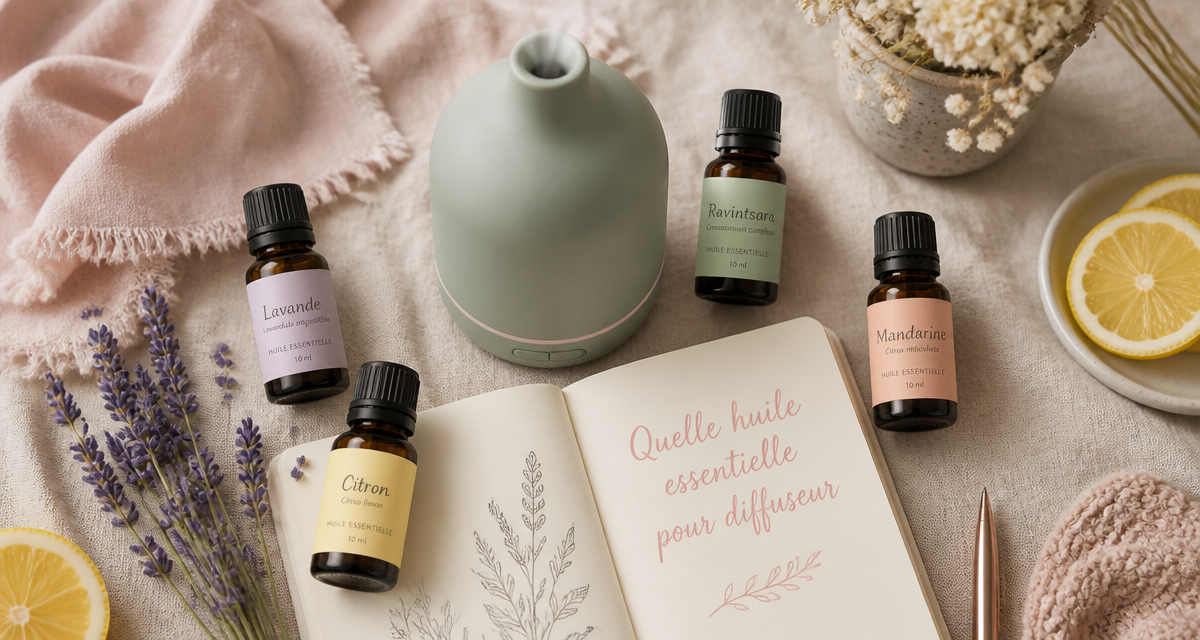 quelle huile essentielle pour diffuseur sur table avec flacons et diffuseur