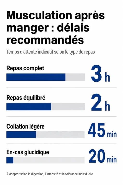 Infographie des délais recommandés pour la musculation après manger