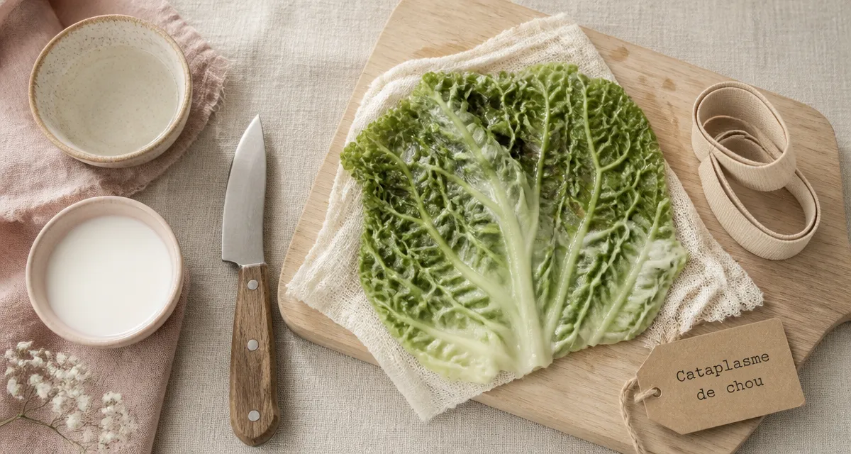 Feuille de chou remede de grand-mere écrasée pour cataplasme contre l’inflammation