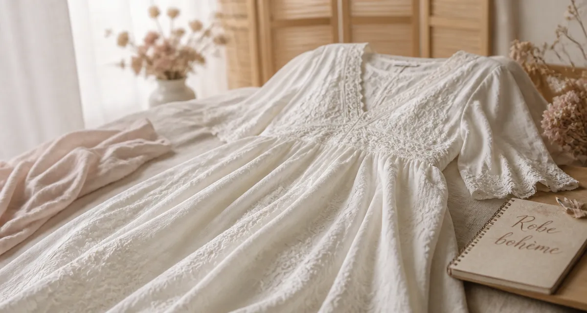 Ma boheme robe blanche bohème en dentelle, plis fluides et lin naturel