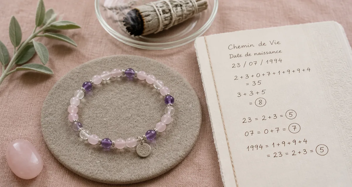 Pierre de vie : bracelet chemin de vie en pierres polies, quartz rose, améthyste, cristal de roche