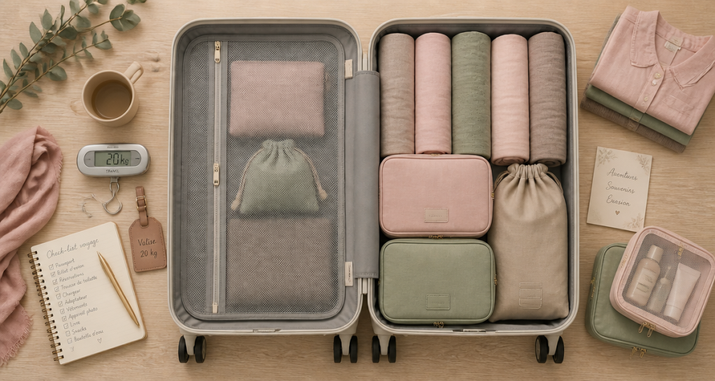 valise 20 kg dimensions ouverte avec vêtements et pèse-bagage