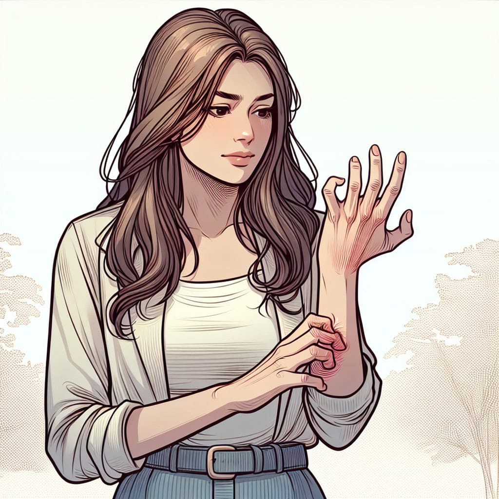 a woman Itching her right hand palm