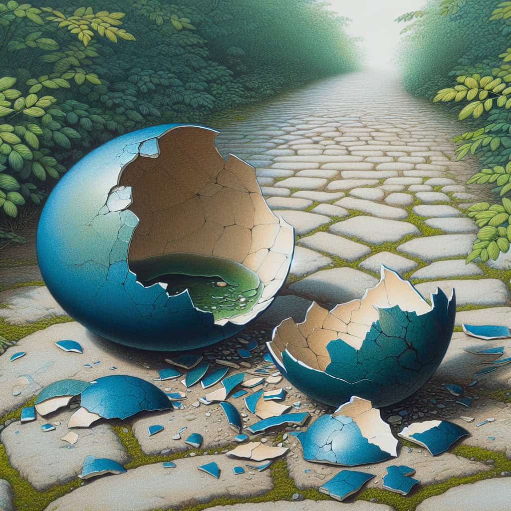 image of a broken blue egg on the ground along a pathway