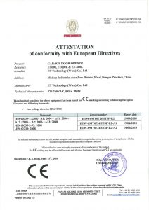 1. European conformity certification for ET Technology garage door openers issued in China, confirming compliance with European Directives and standards.