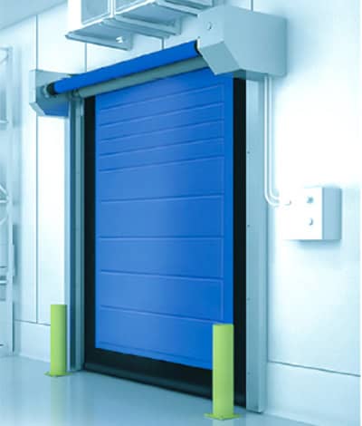 High-speed industrial rolling door in blue, used for quick access control and security in commercial and industrial facilities.