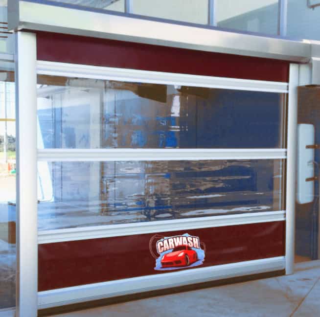 Auto garage door with transparent panels and carwash logo, durable security system ideal for commercial and industrial use.