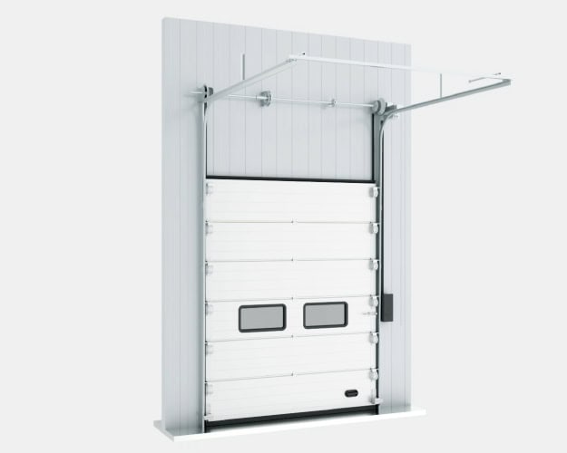 High-speed industrial sectional garage door with windows, designed for secure commercial and industrial building entrances, featuring durable construction and smooth operation.