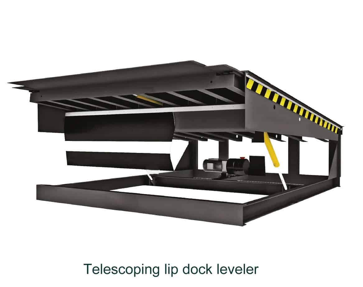 1. Telescoping lip dock leveler used for loading and unloading trucks efficiently in industrial facilities.
