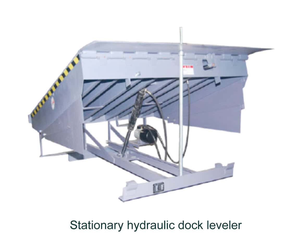 Heavy-duty stationary hydraulic dock leveler for loading and unloading freight, with robust construction and safety features for industrial warehouse use.