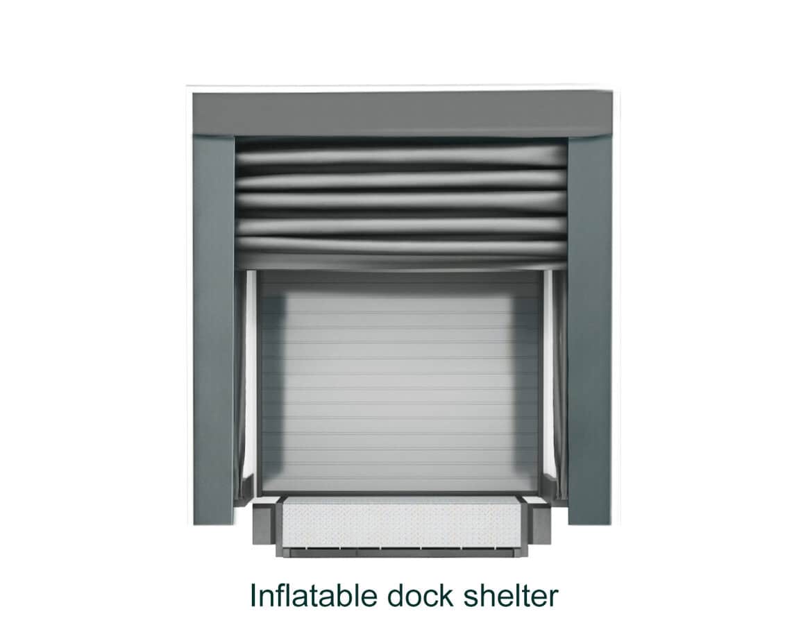 1. Inflatable dock shelter for secure and efficient handling of containers and vehicles at distribution centers.