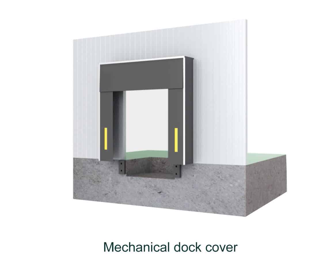 Heavy-duty mechanical dock cover for industrial loading bays, ensuring secure and efficient storage and transportation operations. Designed for durability and safety in commercial facilities.