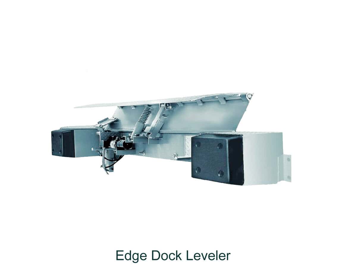 1. Industrial edge dock leveler for efficient loading and unloading of containers, featuring durable construction and hydraulic operation.