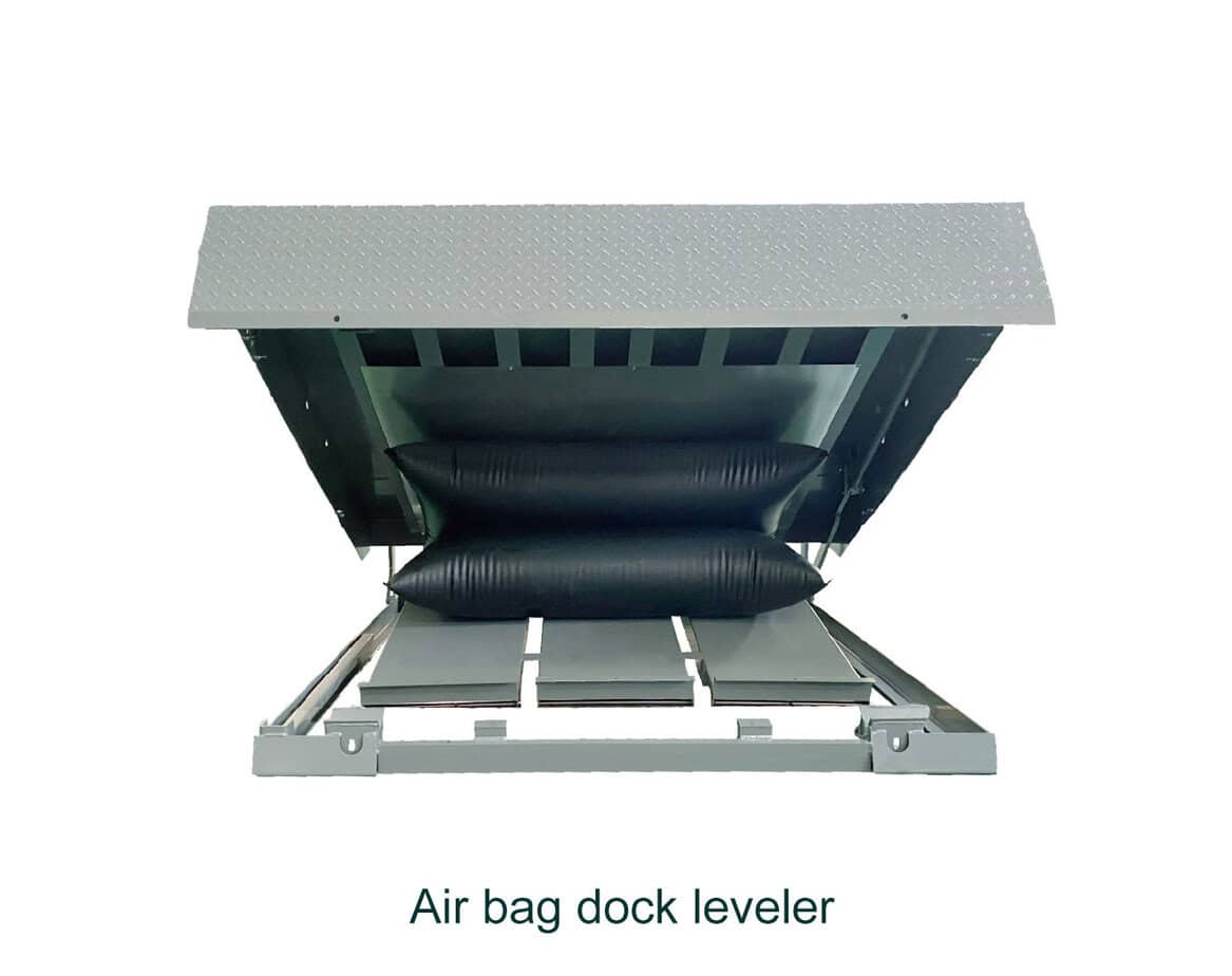 1. Heavy-duty air bag dock leveler with anti-slip surface and hydraulic system for commercial loading docks.