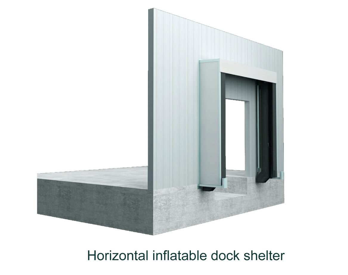 Durable horizontal inflatable dock shelter for industrial and commercial loading bays, providing weather protection and security. Heavy-duty construction with easy installation.