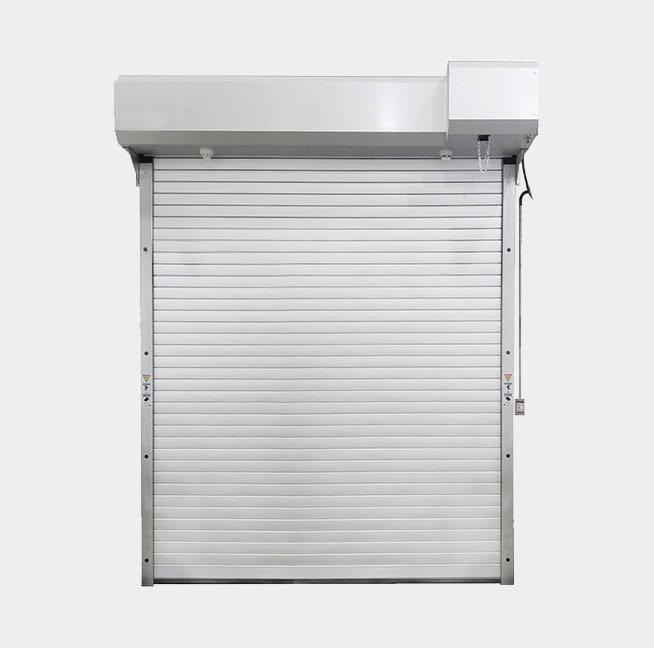 High-speed industrial rolling shutter door with automation system, ideal for secure warehouse access and industrial facilities. Durable and corrosion-resistant construction.