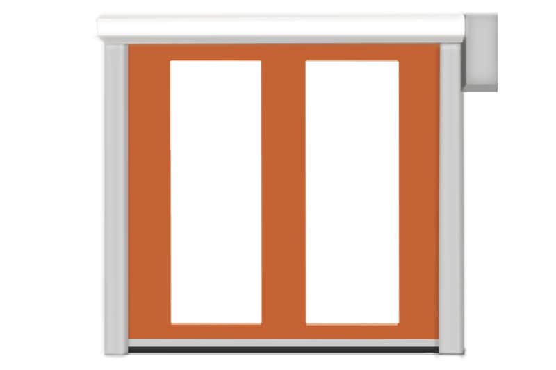 Heavy-duty industrial sliding door with white frame and orange panels, designed for commercial and warehouse security applications by Safeguard Systems Group.