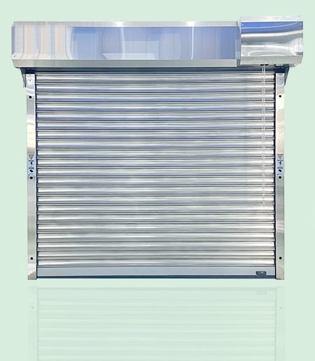 High-security metal rolling shutter door with automated opening system, ideal for commercial and industrial security solutions. Durable stainless steel construction for maximum protection.