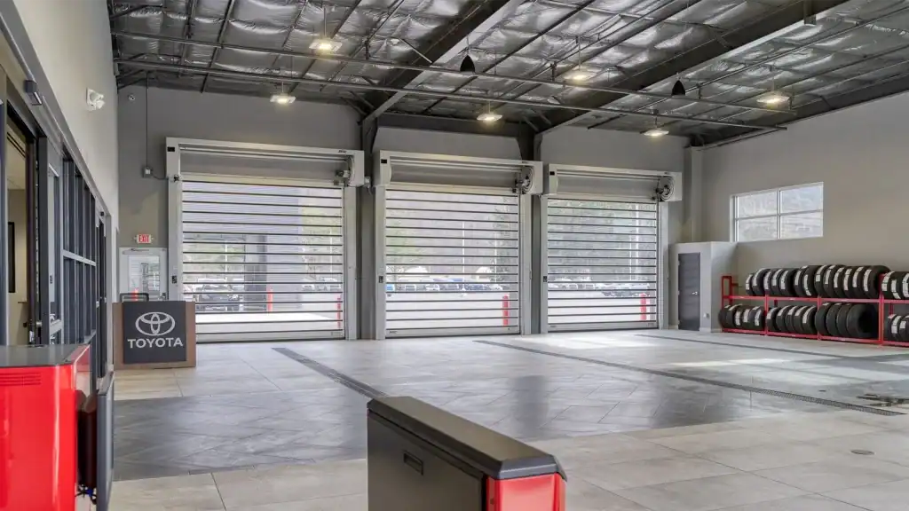 High speed spiral doors installed in fleet maintenance and vehicle service workshop facility