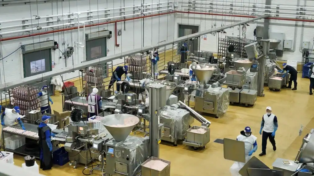 hygienic industrial doors for food processing factory with meat production line and clean manufacturing environment