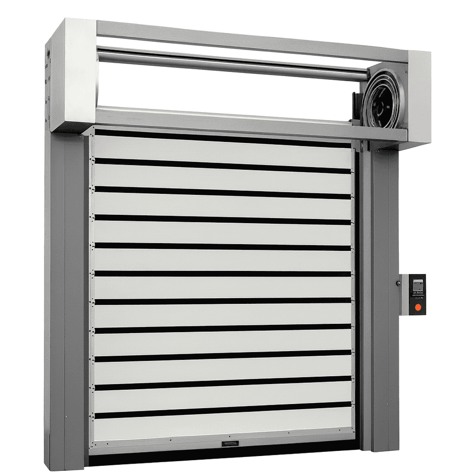 Heavy-duty industrial rolling door with motorized control, ideal for security and easy access in commercial and industrial facilities. Durable design for high-traffic areas.