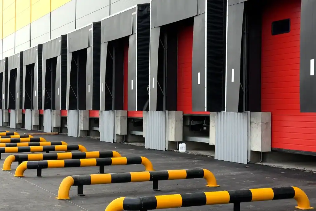 Row of industrial loading dock systems installed at logistics warehouse distribution center