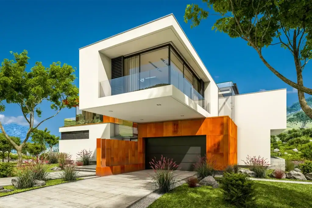 Luxury residential garage door installed in modern villa architecture