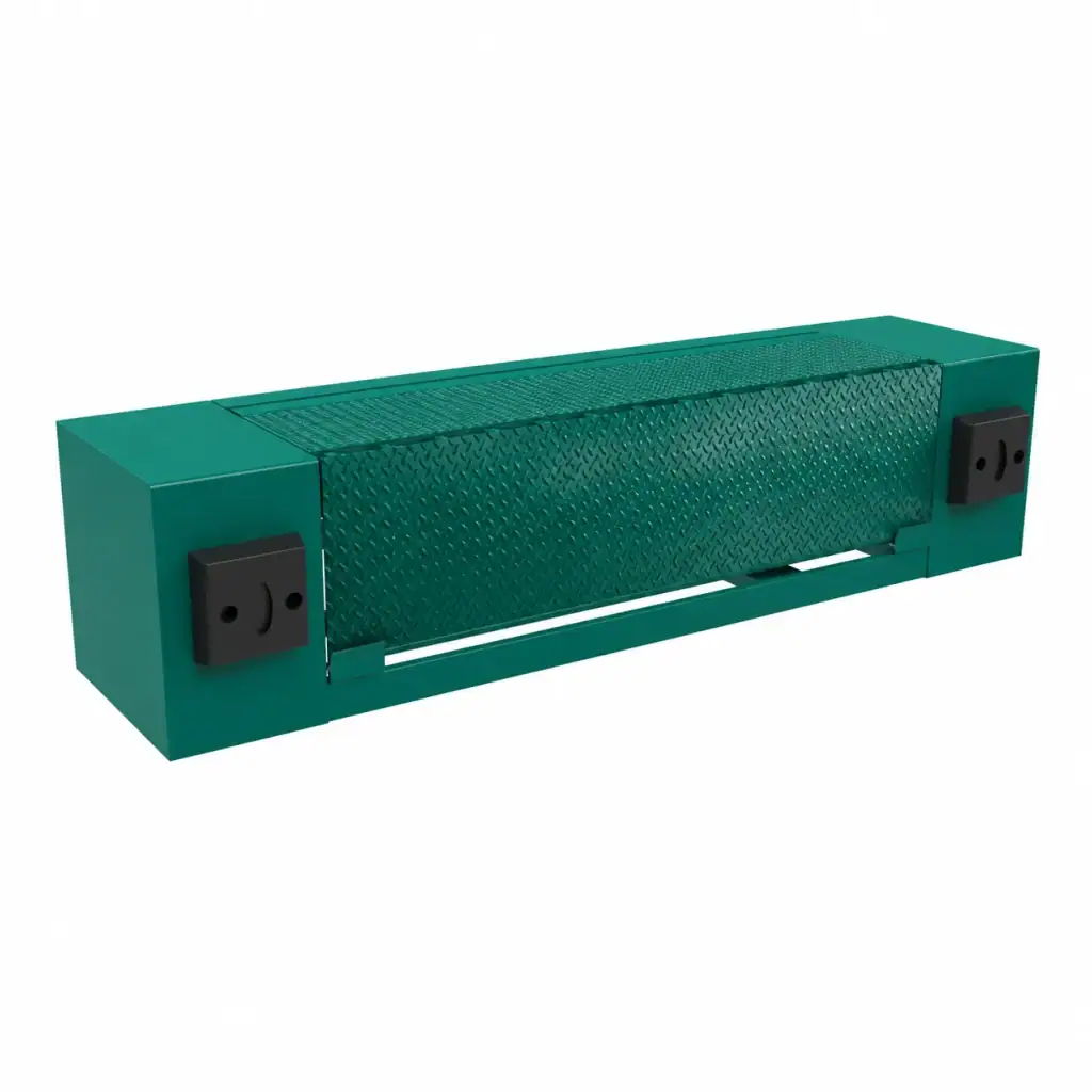 Edge of dock leveler with a steel platform, hinged lip, dock-face mounting frame and dock bumpers.
