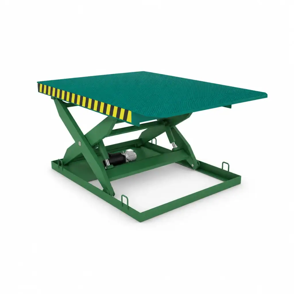Green hydraulic scissor dock lift with a raised platform, scissor mechanism and yellow-black safety markings.