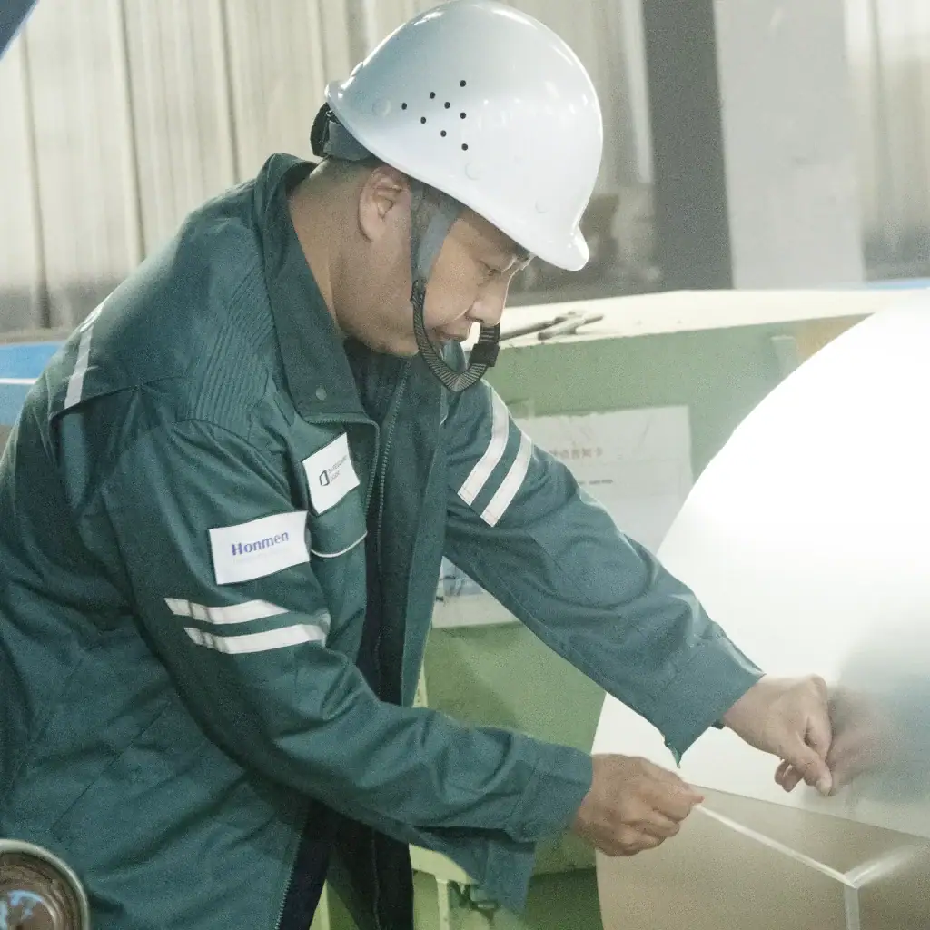 Manufacturing technician wearing a hard hat while checking production material