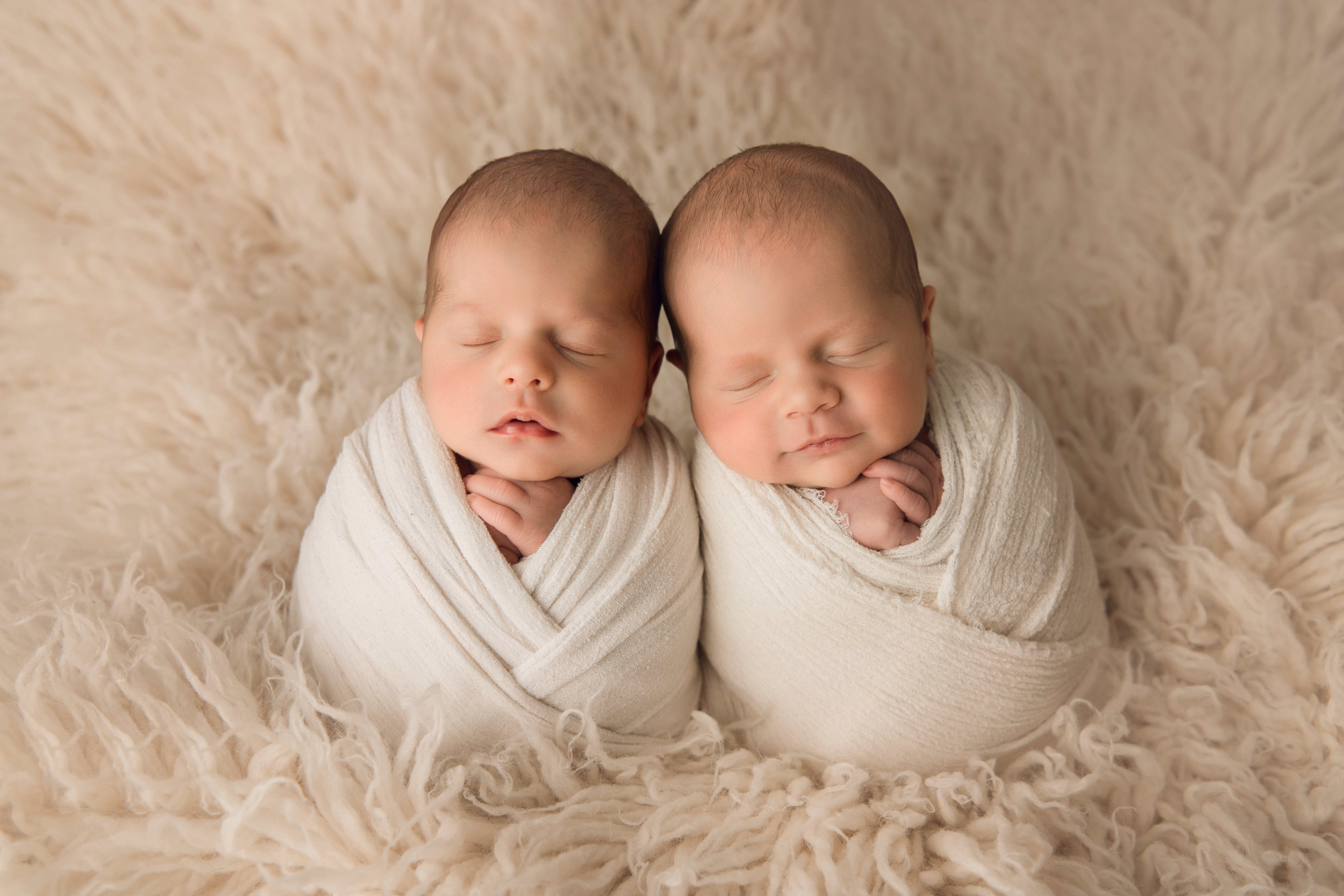 Newborn Baby twin boys wrapped in cream on cream fur
