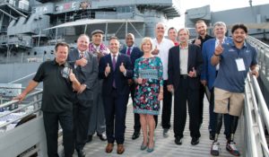Photo of LA Sports Walk of Fame, San Pedro, Class of 2018 (l to r): Robby Gordon, Mike Scoiscia, Frank Manumaleuna, Lynn Swann, Tony Dobra, Johnny Campbell, Joe Bird, Chris Forsberg, Don Horn and Ralph DeQuebec. Councilman Joe Buscaino and Supervisor Janice Hahn (center) were also in attendance. (photo: Michael Baker)