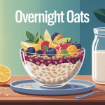 recette overnight oats illustrée avec bol, fruits, graines