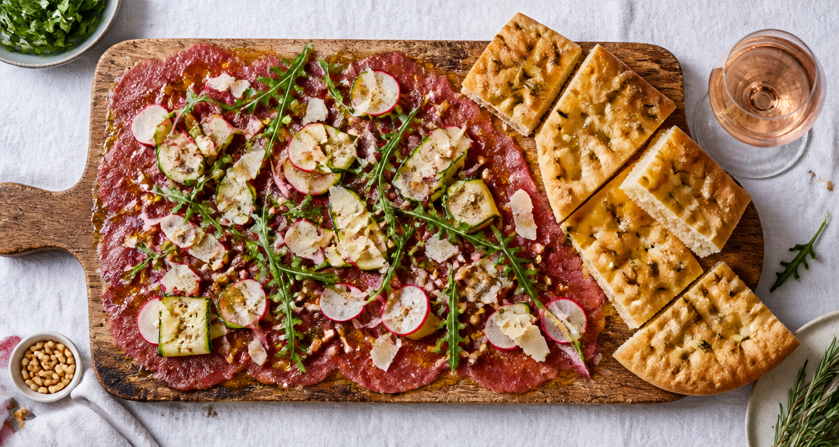 accompagnement carpaccio de boeuf avec parmesan roquette et focaccia