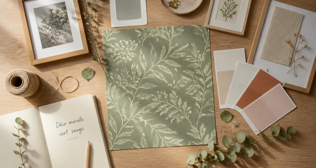 decoration murale vert sauge flat lay botanique