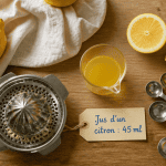 jus d un citron en ml sur plan de travail avec verre doseur