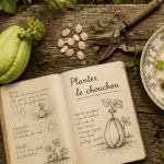 Planter chouchou sur table avec outils et carnet