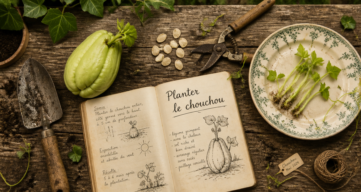Planter chouchou sur table avec outils et carnet