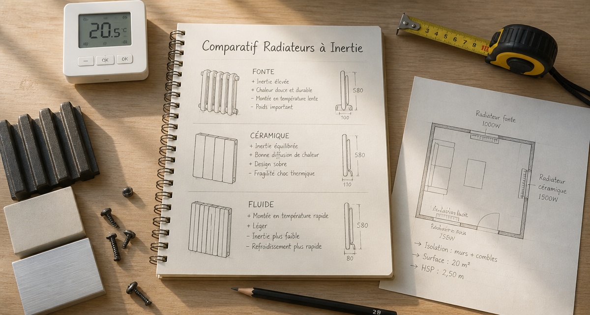 radiateur à inertie comparatif sur bureau avec croquis et matériaux