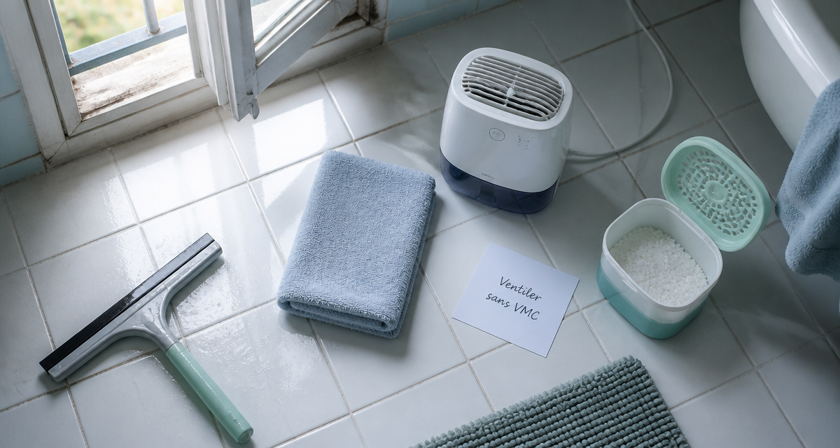 ventiler une salle de bain sans VMC vue objets et fenêtre