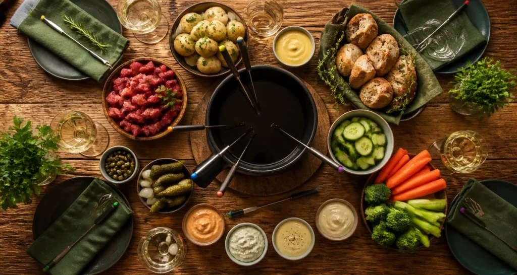 accompagnement fondue bourguignonne sauces légumes et viande