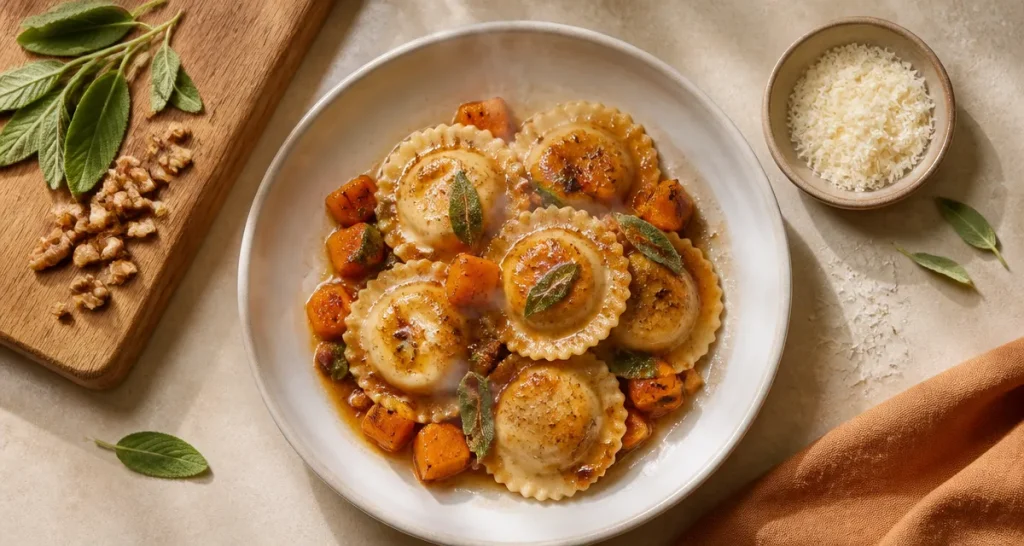 Accompagnement ravioli : butternut rôti, sauge, beurre noisette et parmesan