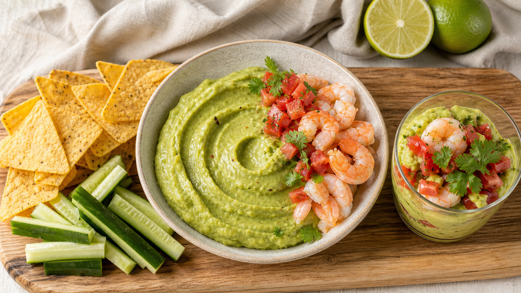 Avec quoi manger le guacamole : bol de guacamole vert, crevettes et chips de maïs