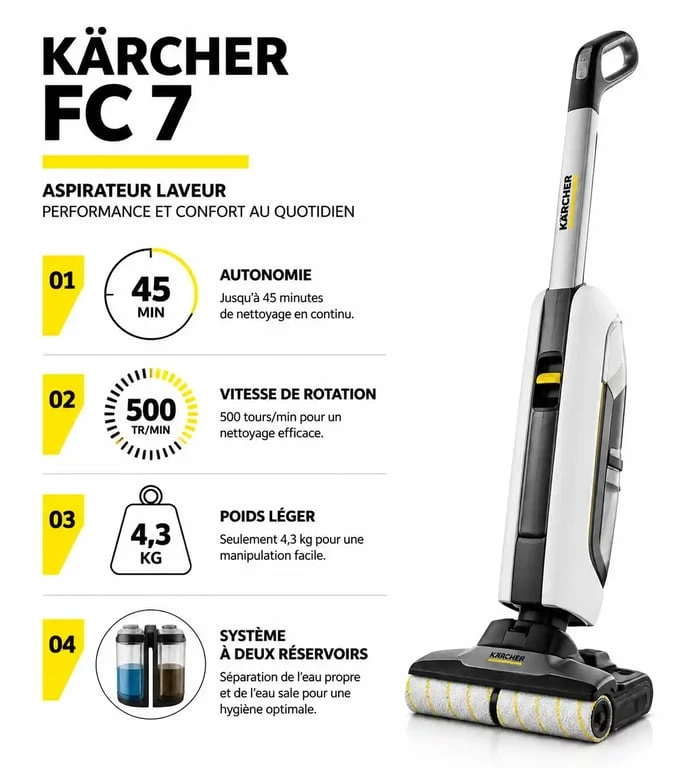 Infographie des caractéristiques techniques de l'aspirateur laveur Kärcher FC7 pour un avis complet