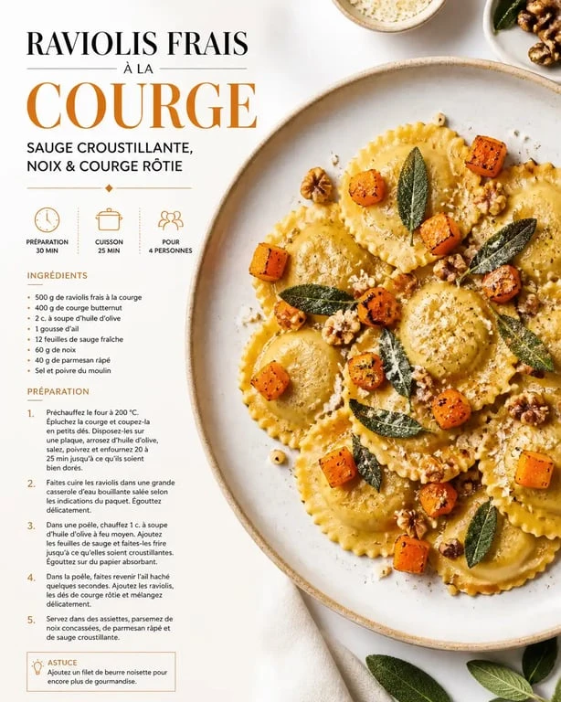 Assiette de raviolis à la courge et sauge avec accompagnement de légumes rôtis