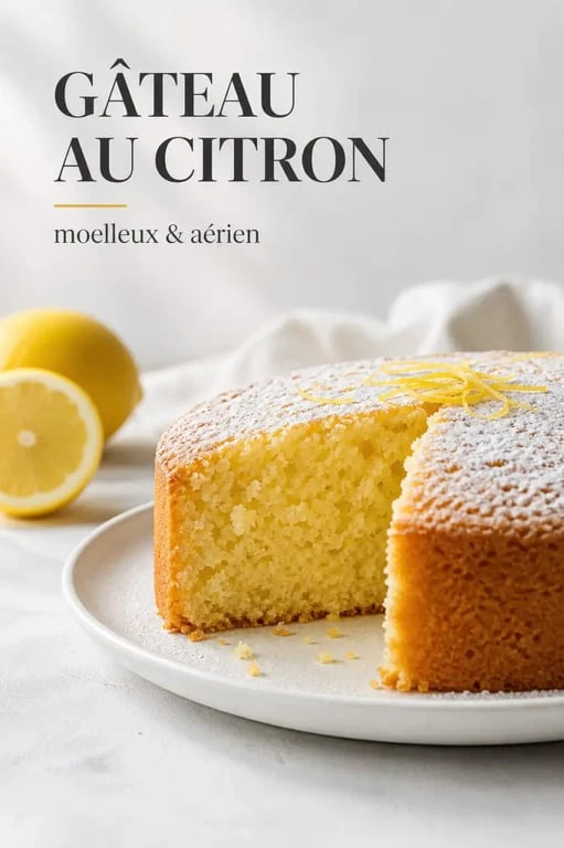 Gâteau moelleux au citron réalisé avec un substitut de fromage blanc, présenté sur une assiette.