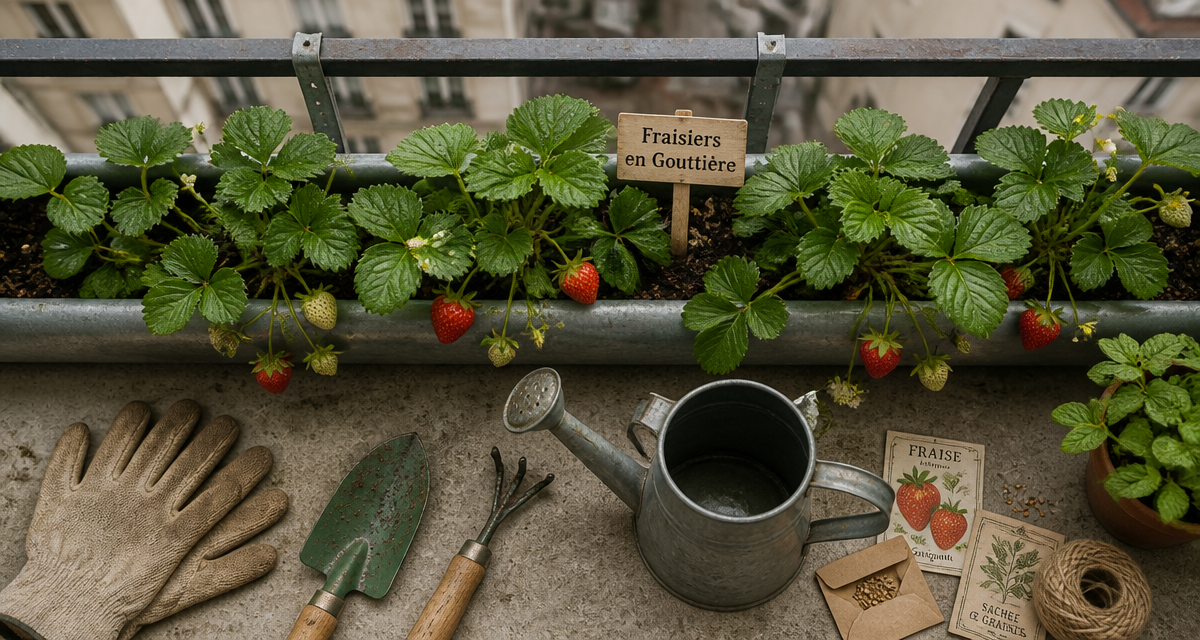 fraisier dans gouttière avec substrat et fraises mûres